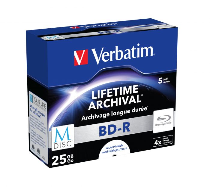 BD-R Verbatim M-Disc 25GB 4x Blu-Ray Inkjet printable Jewel Case (1pakk - pakis 5tk), Lifetime Archival