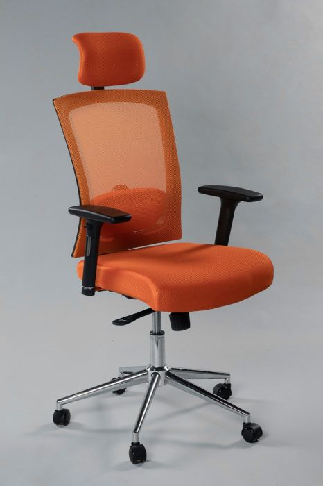 Office chair VIRGINIA 5211 with headrest, reg. armrests, backrest orange mesh / load capacity up to 140kg / orange fabric, chrome base