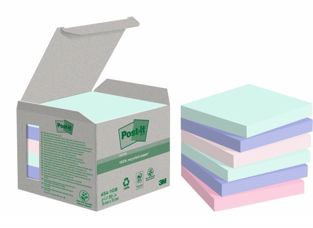 Märkmepaber iseliimuv Post-it 654 Recycled Notes, 100% taaskasutatud paber, assortii 76 x 76mm (pakis 6x100l)