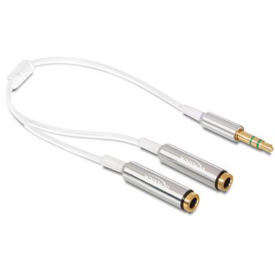 Adapter Audio üleminek (kõrvaklappide jagaja) Delock kullatud 3.5mm stereo pistik (M) -> 2x 3.5mm stereo pesa (F) kaabel 0.2m, hõbe/valge