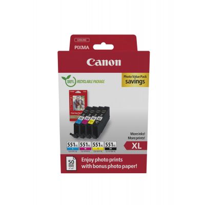 Tint Canon CLI-551XL CMYK Multipack (Cyan/Magenta/Yellow/Black) suuremahulised MG5450/5655/6350/6650/7150/7550 iP7250 iP8750 iX6850 MX725