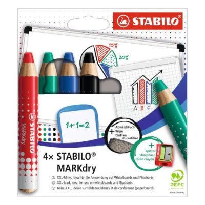 Tahvlimarker puidust STABILO MARKdry, südamik 10mm, teritatav, 4 värvi +lapp ja teritaja, PEFC